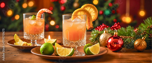 Panel kuchenny z motywem Two festive tropical cocktails with citrus slices and shrimp garnish sit on wooden plates surrounded by limes, lemons, and Christmas ornaments, set against a warm holiday background with glowing light