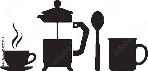 Small Coffee Station Silhouette with Cup French Press Jar Spoon and Mug