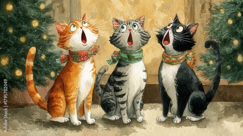 three cute cats standing in a row, one is orange and white calico, one is gray tabby and one is black, singing christmas carols, near a christmas tree, in the style of watercolor paint 