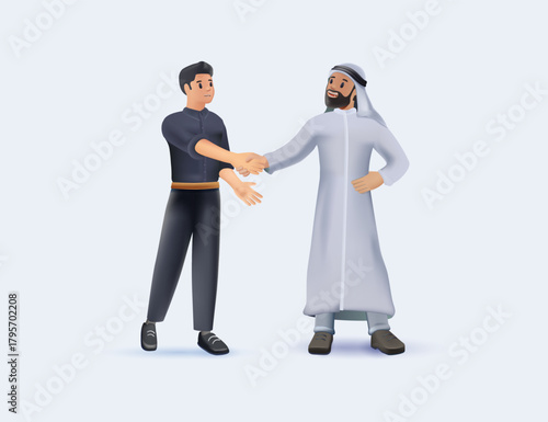 Successful Arab Businessman Working Set Traditional National Muslim Clothes Cartoon Characters Icon Stylish Background Design Vector Illustration. 3D render vector of Dubai business, handshake