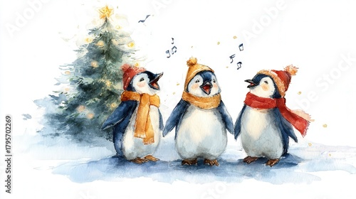 three cute penguins standing in a row, singing christmas carols, near a christmas tree, in the style of watercolor paint  
