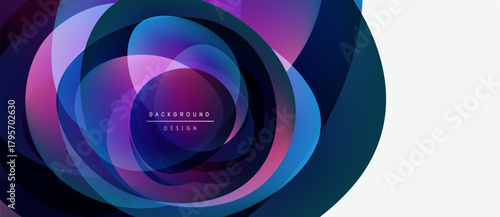 Abstract circular layers create dynamic visual effect. Purple, blue hues dominate design, with white space present. Modern, elegant composition.
