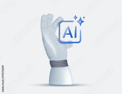 An android robot hand holding AI chip , technology, machine learning, neural network, Artificial Intelligence, AI concept. 3D render vector illustration isolated on white