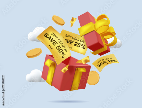 Red open gift box with yellow ribbon, big sale, discount voucher, coins. Holiday shopping and celebration. 3d vector render illustration