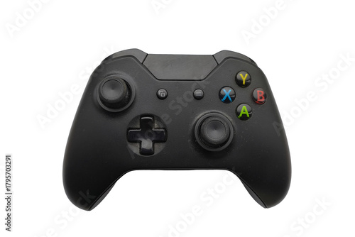 Black gaming controller isolated on transparent background. Modern joystick with colorful buttons, perfect for gaming designs, technology themes, or entertainment-related projects