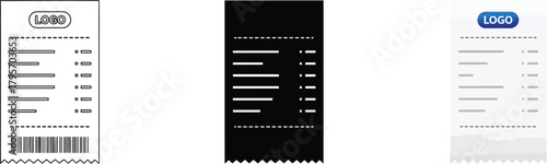 Set of diverse receipt icon designs: outline, solid silhouette, and modern flat colored styles, representing payment, bills, and transactions.