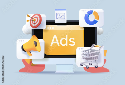 Digital marketing and social media ads, Strategies for online promotion, Targeting customers, and boosting engagement through SEO, AI, and Data, E-commerce, online advertising, 3D vector illustration