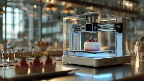 Wallpaper Mural A futuristic, sleek 3D food printer creating a complex, perfect dessert structure in a brightly lit kitchen environment Torontodigital.ca