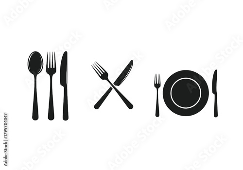 Simple black and white illustration of dining cutlery and plate