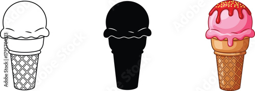 Set of three ice cream cone illustrations: line art, solid black silhouette, and vibrant cartoon strawberry scoop with red syrup and sprinkles.