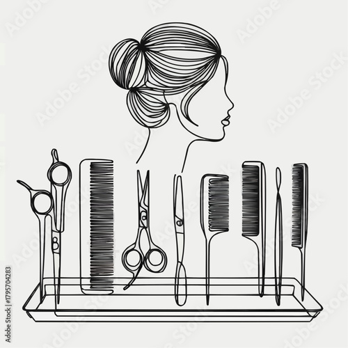 Woman's hairstyle outline with hairdressing tools illustration  