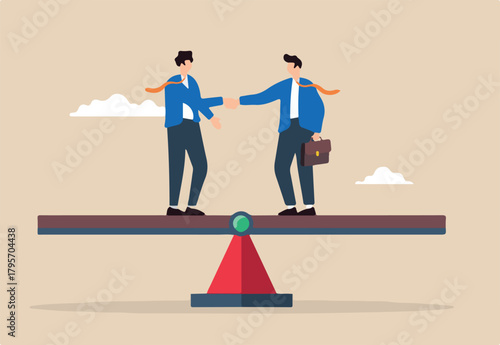 Flat illustration of two businessmen handshake on balance seesaw success negotiation business partnership deal merger agreement