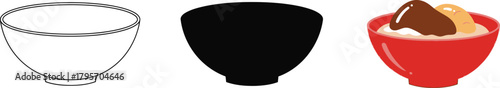 Empty bowl line art, silhouette, and red bowl with food illustration set, perfect for design, culinary themes, and graphic elements.