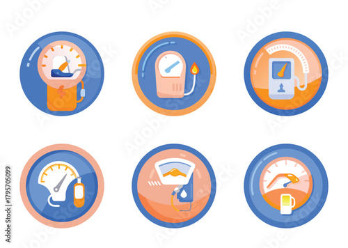 Collection of gas station and fuel themed icons with colorful design