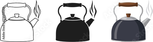 Three distinct whistling kettles boiling with steam: outline, solid black silhouette, and colorful kitchen appliance illustrations.