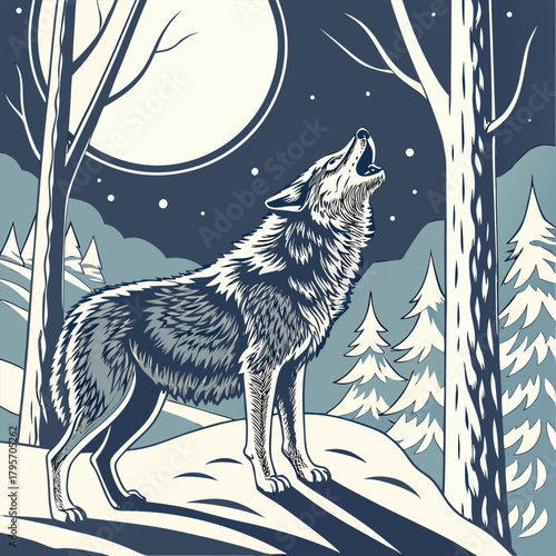 Realistic solitary wolf illustration in a wild natural 