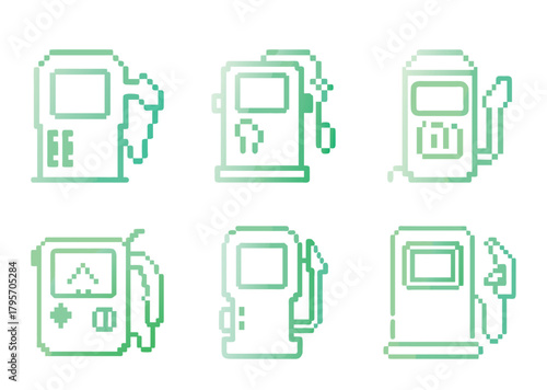 Pixelated fuel pumps with a vintage arcade game aesthetic in green gradient