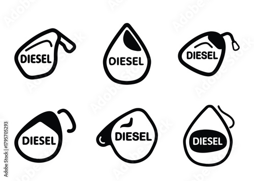 Six stylized diesel fuel logo variations in black and white, bold line work