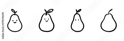 Cute Pear Characters Line Icon Set In Doodle Style. Playful Fruit Illustrations With Facial Expressions Outline Sketch Collection. Whimsical And Fun Design. Hand Drawn Isolated Vector Illustration