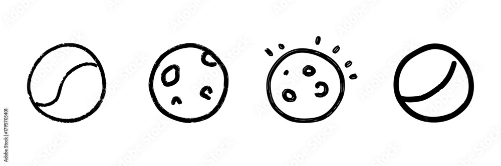 Obraz premium Tennis Ball And Planet Line Icon Set In Doodle Style. Sports Equipment And Celestial Bodies Outline Sketch Collection. Hand Drawn Isolated Vector Illustration
