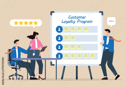 Vector illustration of business team meeting discussing loyalty program with sticky notes on whiteboard