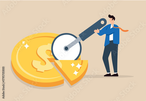 Businessman split golden dollar coin with pizza cutter in flat design