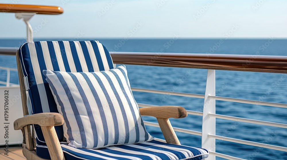Fototapeta premium Relaxing on a blue and white striped deck chair, enjoying calm sea waters and gentle waves under a clear sky