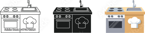 Kitchen stove, oven, and sink unit with chef hat icon in three distinct styles: outline, black silhouette, and colorful flat design vector illustration.