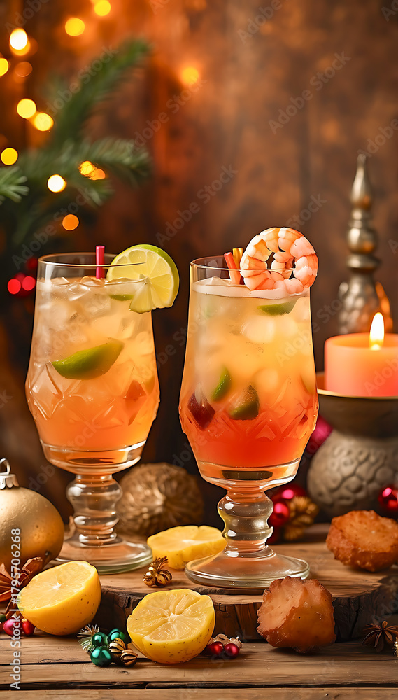 Obraz premium Two festive tropical cocktails garnished with lime slices and shrimp sit on a rustic wooden surface, surrounded by lemons, pastries, Christmas ornaments, candles, and warm holiday lights.