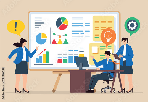 Flat illustration of professionals brainstorming solutions to overcome business challenges on whiteboard