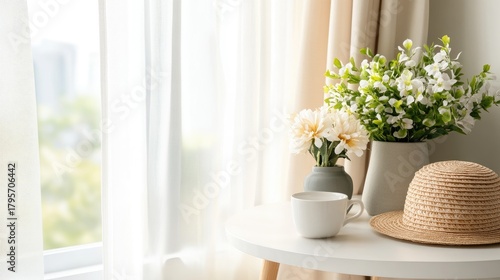 Sunlight streams through a window onto a linen-covered table adorned with a straw hat, tea set, and flowers, enhancing tranquility