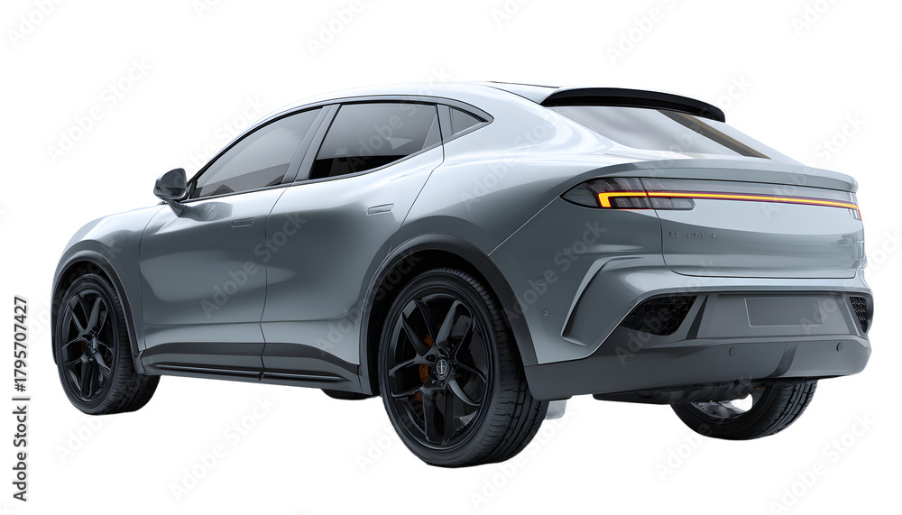 Naklejka premium Transparent background, a gray colored modern electric suv car at a rear right angle, highlighting its streamlined back and sculpted body in a stunning 3D render.