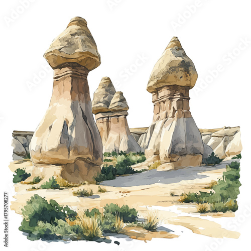 Cappadocia, watercolor painting vector, isolated on a white background.