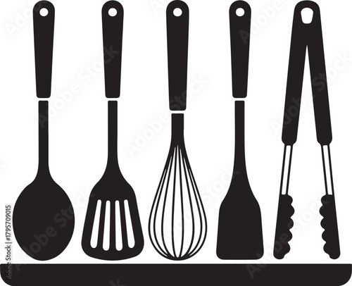 Utensil Stand Silhouette with Spoon Ladle Spatula Whisk and Tongs
