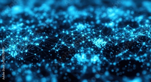 Abstract Blue Network of Glowing Particles and Connections.