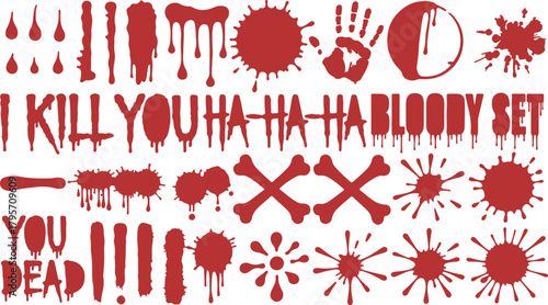 Bloody Horror Graphic Set – Red Splatters, Drips & Handprints with Grunge Scribbles for Posters, T-Shirts & Halloween — Vector Illustration