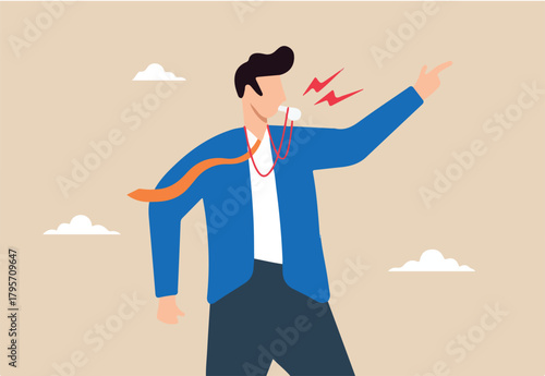 Businessman blows whistle loudly while pointing, signaling to alert others. Concept of business whistleblower, exposes illegal activities within organization by disclosin