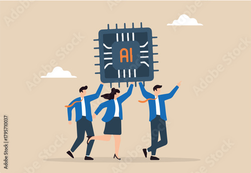Flat illustration of business people carry AI processing chip embracing artificial intelligence for work success