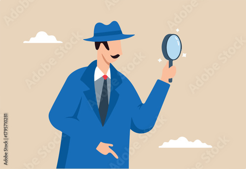 Smart detective looking through magnifying glass, illustrating observation and investigation to uncover evidence. Concept of inspecting and analyzing data to discover useful information