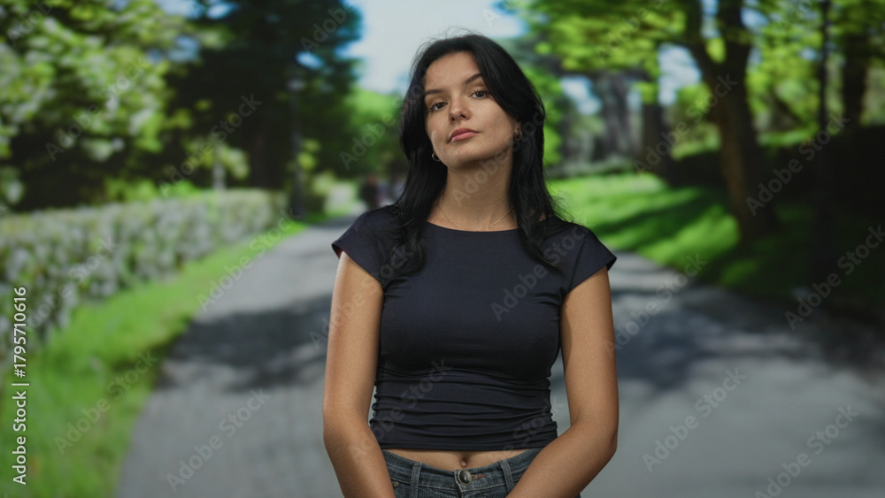 Fototapeta premium Woman midriff tilts head by stone wall along forest lane under soft sunlight haze; confidence reflection.