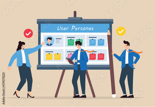 Vector illustration of colleagues mapping user personas with sticky notes on whiteboard target audience definition