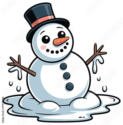 Cartoon snowman melting in puddle of water with hat and carrot nose vector