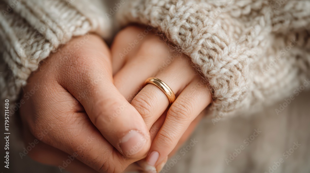 Obraz premium Close-up of two hands, one male and one female, gently interlocked, both wearing simple gold wedding bands, against a blurred, cozy background