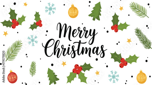 Merry Christmas text surrounded by holly berries ornaments and snowflakes