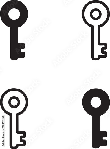 Isolated Key Icons black vector set, lock key security icons, access digital vector symbols, minimal outline filled thin stroke, protection safe technology vector design symbols
