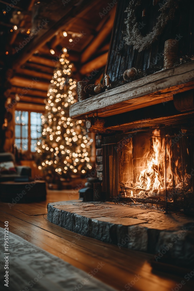Naklejka premium Cozy wooden cabin living room with roaring stone fireplace and bokeh-lit Christmas tree in warm glow. Rustic holiday hearth comfort, inviting festive winter sanctuary vibe.