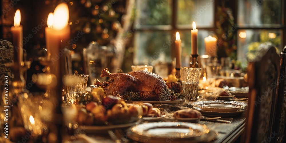 Fototapeta premium Golden roasted turkey with herb garnish and grapes on platter amid candles on festive table. Traditional Christmas dinner centerpiece, warm holiday feast abundance vibe.