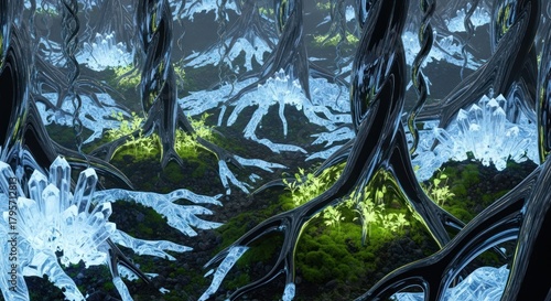 Abstract digital artwork depicting a complex network of interconnected structures with a surreal aesthetic.