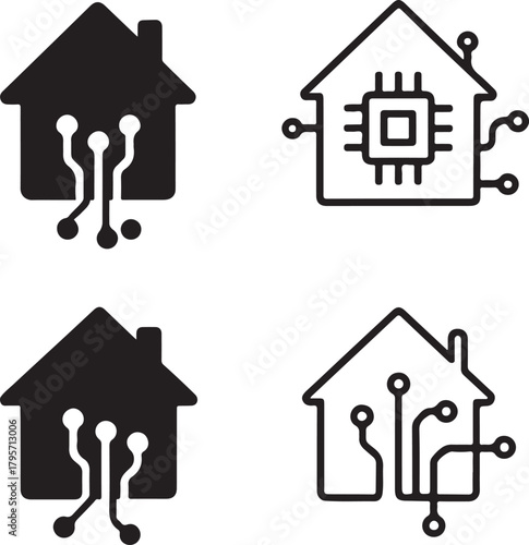 Isolated Home Circuit Icons black vector set, smart home technology icons, house digital circuits symbols, minimal outline filled thin stroke, home chip connections vector design symbols