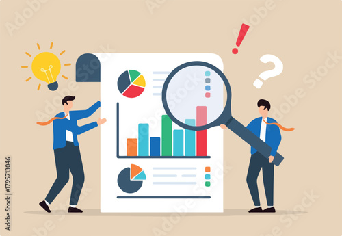 Flat illustration of two businessmen examining information with magnifying glass for answers on piece of paper